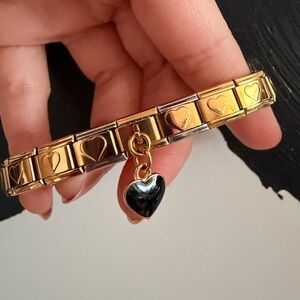 Gold Heart Italian Charm Bracelet with Black Heart Dangle – Romantic Statement